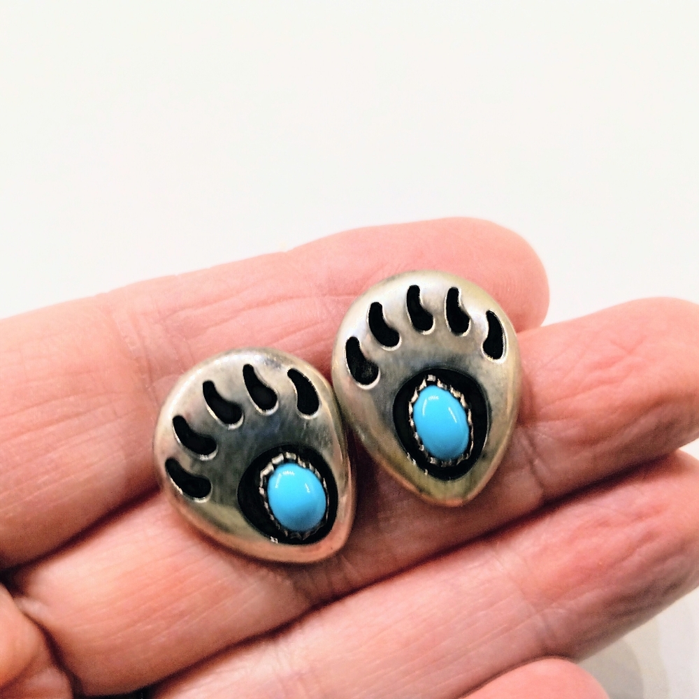 Sterling Silver Bear Claw Genuine Turquoise Earrings